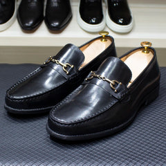 Classic Italian Style Mens Metal Chain Loafers Genuine Leather Slip on Dress Shoes