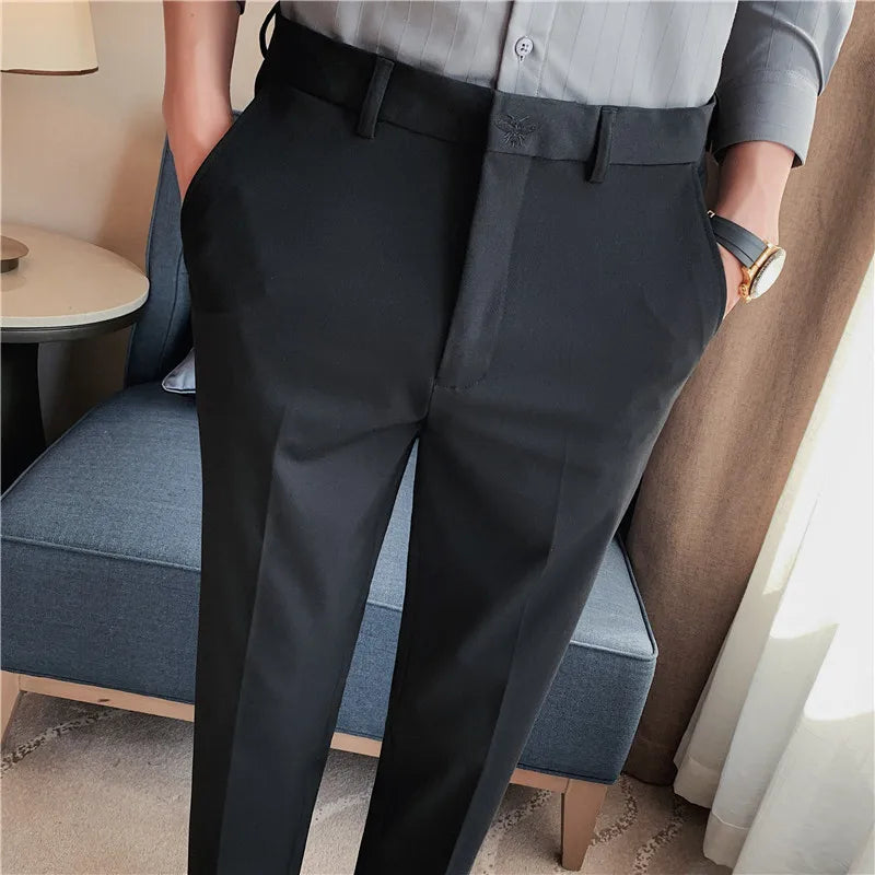 Autumn Mens Fashion Embroidered Trousers Korean Business Dress Solid Suit Pant