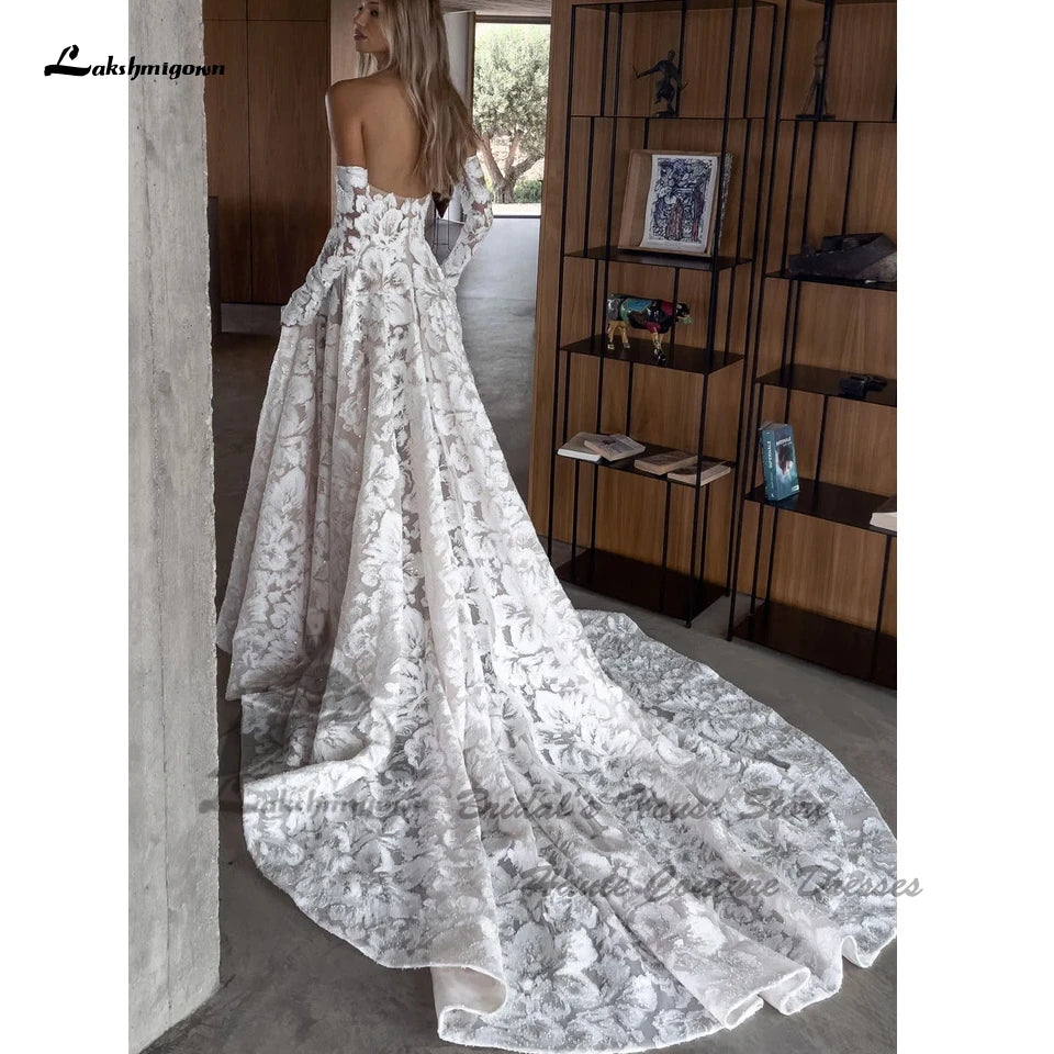 Evening wear Dresses: Lace Boho Wedding Dresses Detachable Long Sleeve