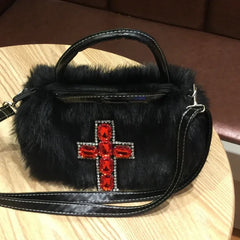 Y2k Gothic Handbag Soft Plush Black Cross Applique Shoulder Bag Fashion