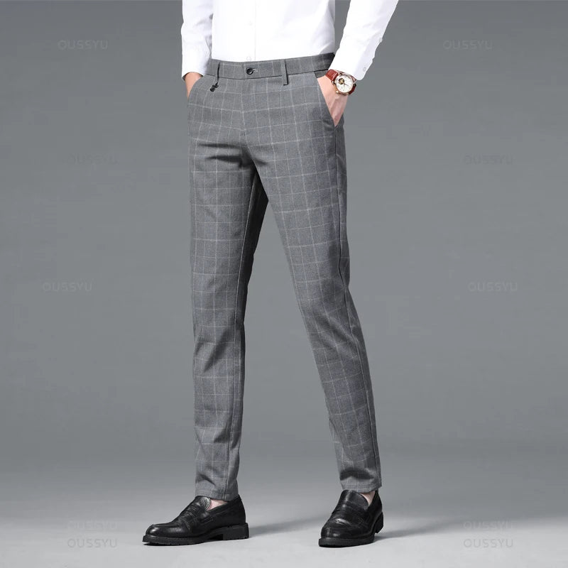 Plaid Stretch Pants Men Business Fashion Grey Black Casual Pants Male