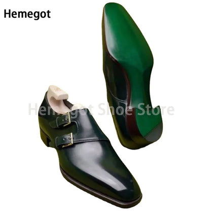 Black Leather Green Bottom Belt Buckle Men Shoes Low-Heeled Formal Shoes Men's Breathable Pointed Shoes Banquet Dress Shoe