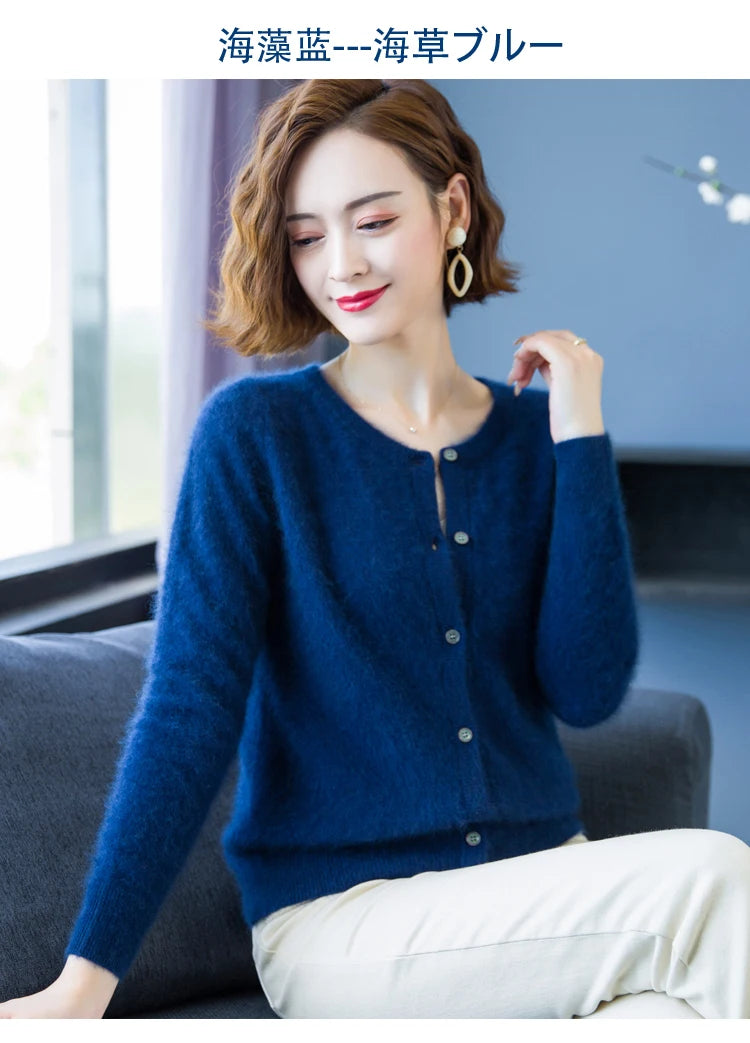 Women Cardigan Large Size Warm Pure Mink Cashmere Sweaters O-neck Loose Coat