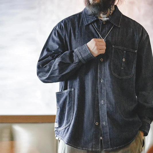 Vintage Large Pockets Washed Denim Shirt Men's Casual Tops
