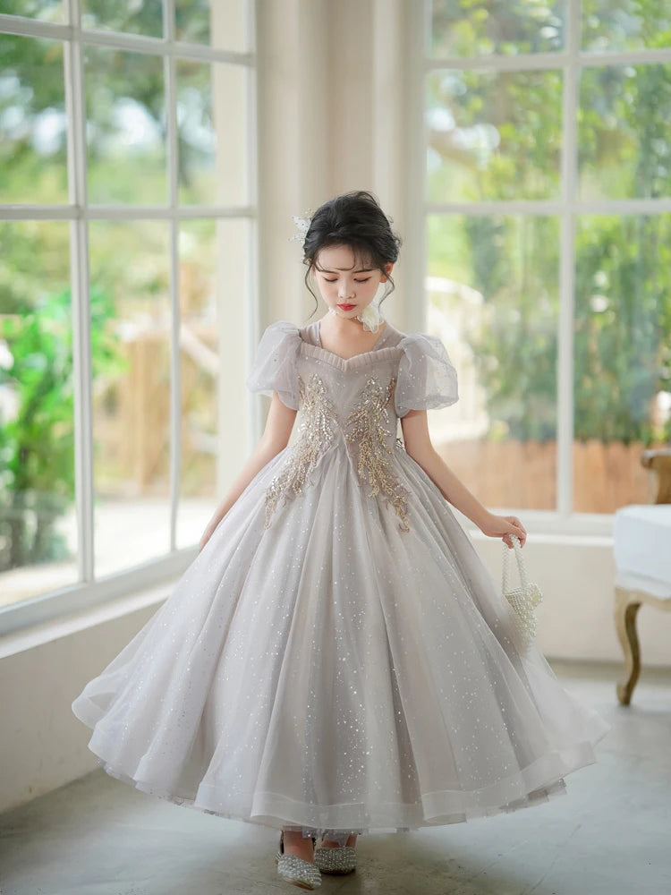 3-15T Teen Girl Fluffy Mesh Dresses for Elegant Party Princess Prom Gown Children Pageant Tailling Long Dress Performance Outfit