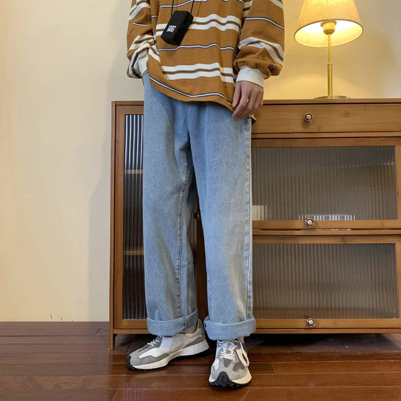Vintage Coffee Straight Jeans Men Loose Denim Trousers Neutral Jean Pants