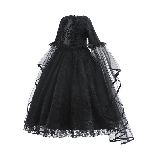 Halloween Witch Dress For Girls Black Evil Queen Cosplay Costume Luxury Lace Ruffles