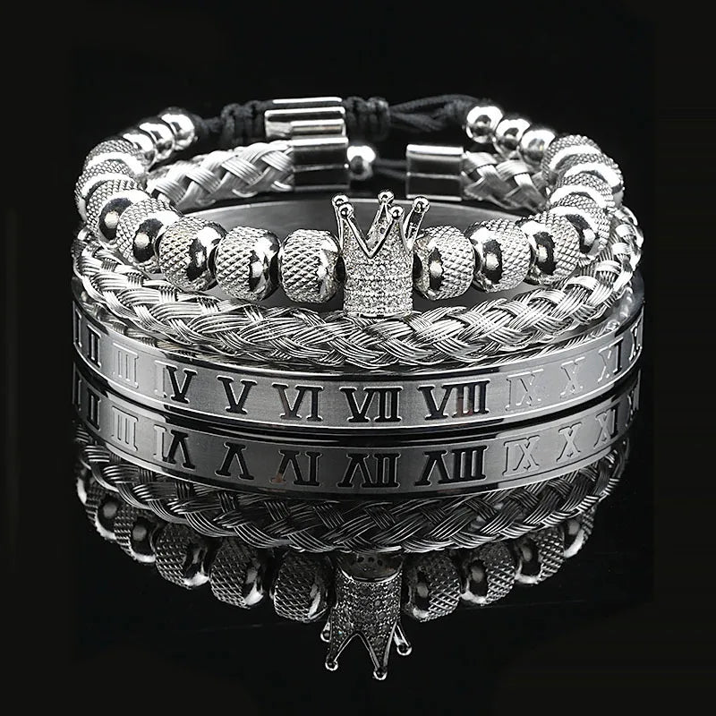 3Pcs Luxury Set Crown Charms Man Bracelet Roman Gold Women Bangles Hand Jewelry Valentine's Day Gift Creative Bracelet