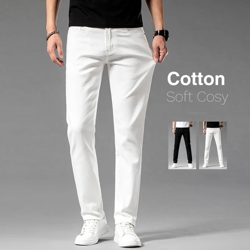 Classic Style Summer Men's Slim Fit White Jeans High Quality Business Fashion Cotton