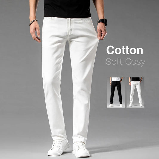 Classic Style Summer Men's Slim Fit White Jeans High Quality Business Fashion Cotton