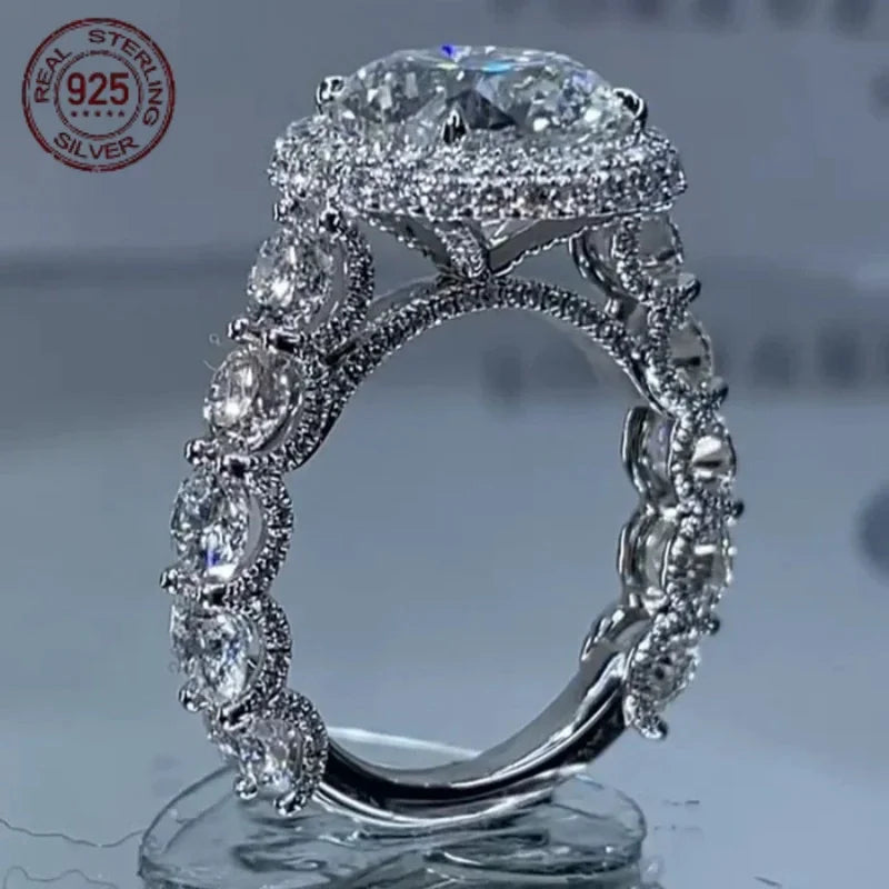 925 Silver Rings For Women Halo Engagement Ring Round Cut AAAAA Zircon Platinum Plated Female Wedding Band Jewelry Gift