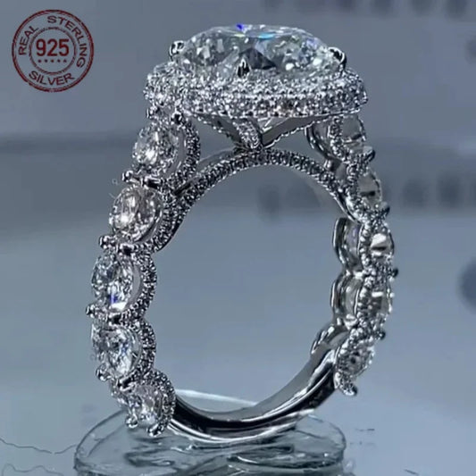 925 Silver Rings For Women Halo Engagement Ring Round Cut AAAAA Zircon Platinum Plated Female Wedding Band Jewelry Gift
