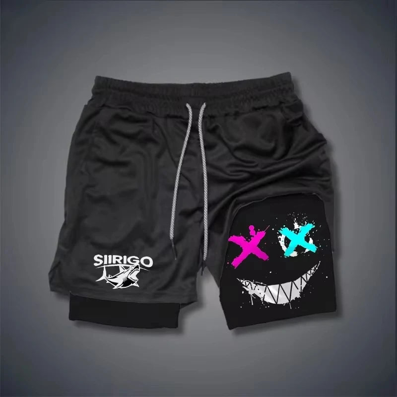 2024 Men's Smiling Face Printed Fitness Shorts Double-Layer 2-in-1 Quick Drying Fitness Outdoor Leisure Training Sports Shorts