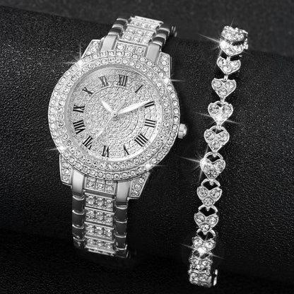 2pcs/set Women Stainless Steel Band Diamond Quartz Watch and Bracelet Set