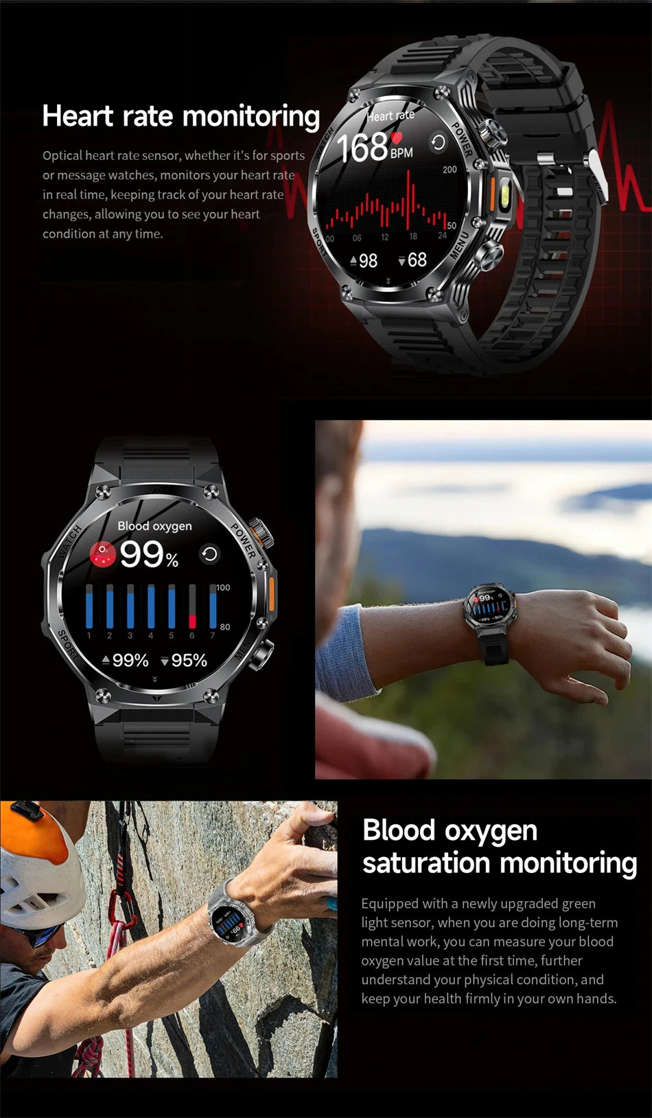 Rugged Outdoor Sports AK82 Smartwatch 1.85" HD Touchscreen 800mAh Long Battery Life Fitness Tracker Calorie Distance Smart Watch