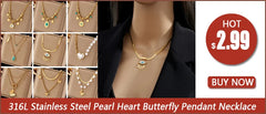 Stainless Steel Pearl Heart Butterfly Green Stone Pendant Necklace For Women