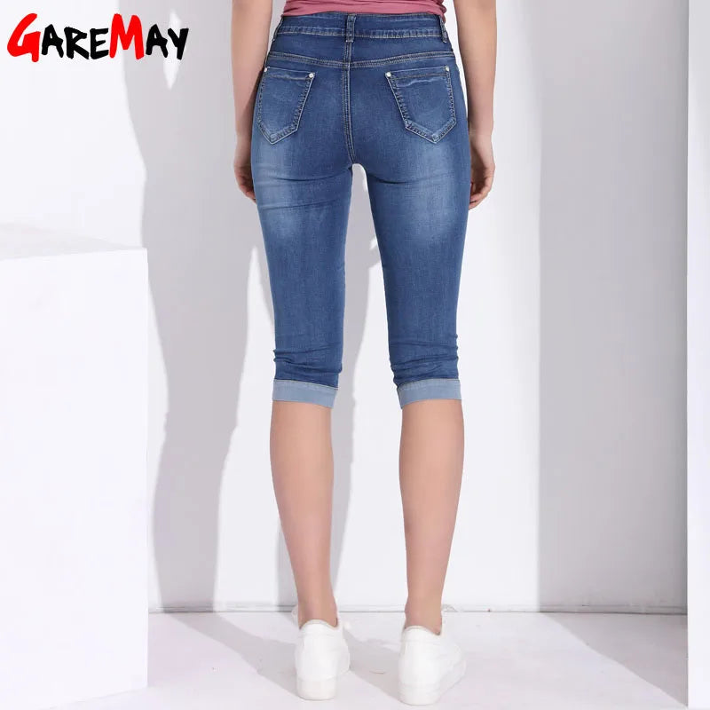 Plus Size Skinny Capris Jean Women Female Stretch Knee Length Denim Trouser