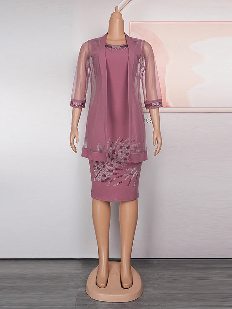 Formal attire Dresses: Dresses For Women Dubai African Mesh Coat And Bodycon