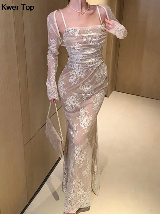 Elegant Bandage White Lace Wedding Dress Vintage Bodycon Evening Prom Mermaid Robe