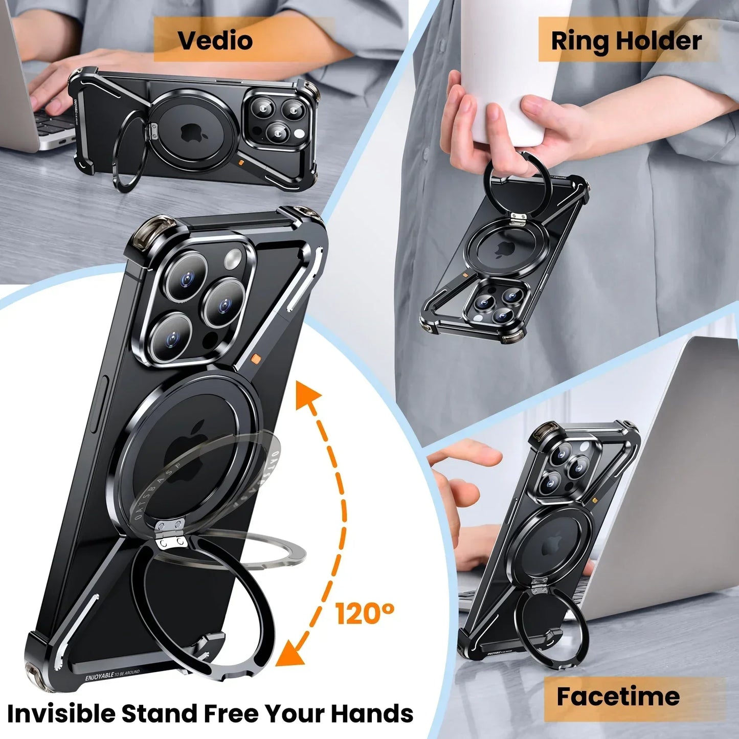 Magnetic Z Shape Metal Phone Case For iPhone 17 Air 15 16 Pro Max Shockproof Bumper With 360° Rotation Holder Protective Cover