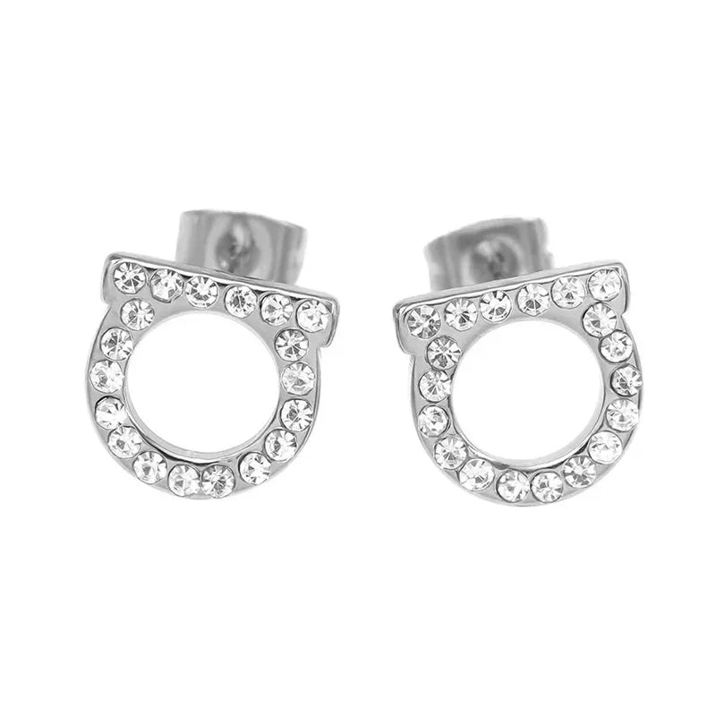 EVISPOL 2Pcs of Simple and Luxurious D-shaped Stainless Steel Stud Eearrings Inlaid Sparkling Cubic Zircon Ear Piering Jewelry