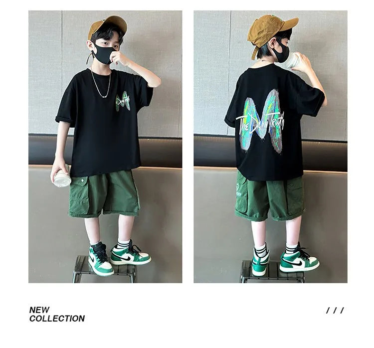 New Teen Boys Clothing Set Summer Letter Short Sleeve T-shirt Pants 2Pcs Suit For 5 6 8 10 12 Years Kids Handsome Casual Outfit