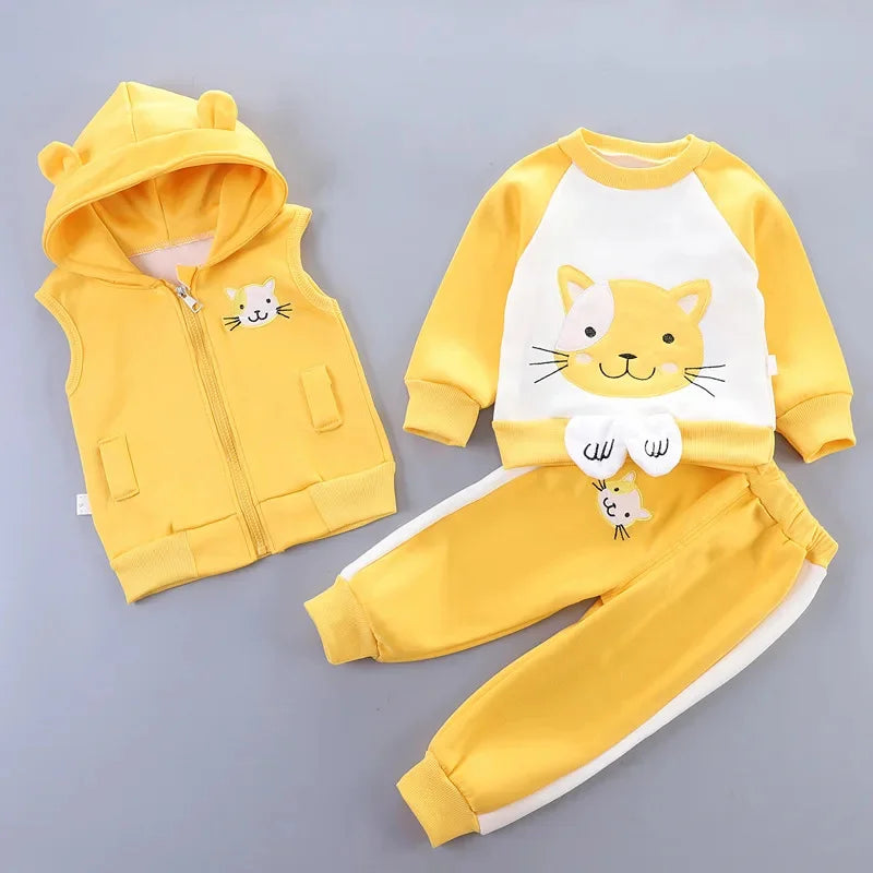 2024 Girls Padded Three Piece Children's Warm Cartoon Hooded Suit Autumn Winter Boys Fashion Casual Comfortable Sets 12M-5 Years