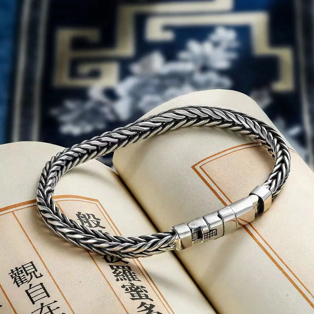 100% S925 Sterling Silver Handmade Woven Retro Domineering Style Personality Keel Man Woman Pure S925 Silver Bracelet Jewelry