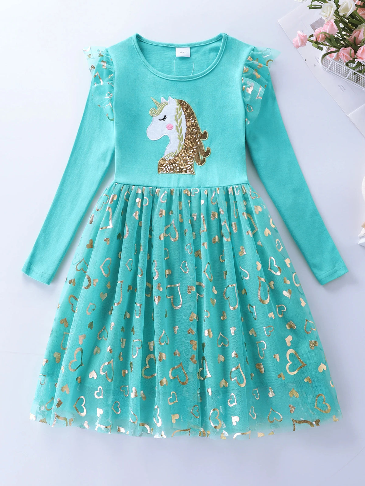 Girls' Autumn Long Sleeve Mesh Cartoon Unicorn Dress