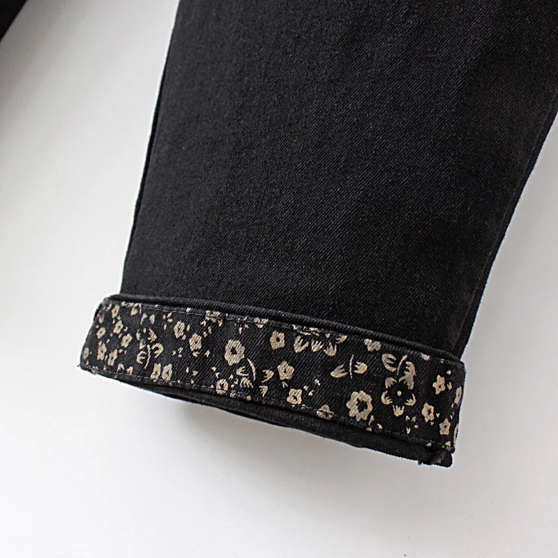 5XL Plus Size Jeans Women's Clothing Fall/Winter Fish Embroidery Pocket Floral Patch Pants