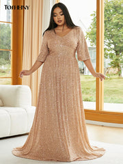 Tosheiny Plus Size V Neck Sequin Dress Fashionable Summer Dresses Apricot