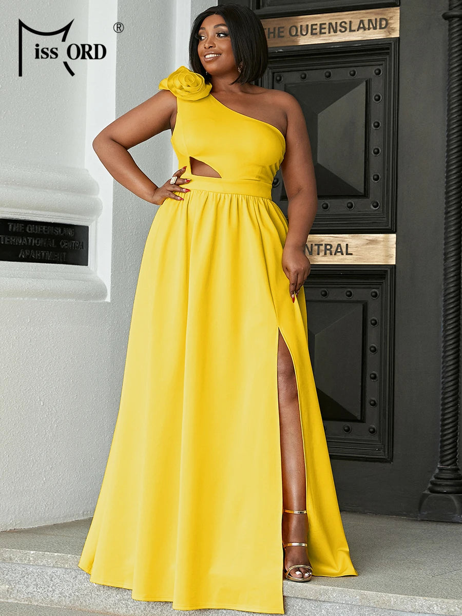 Missord Yellow Plus Size Prom Dress Women Elegant One Shoulder Flower Cutout Thigh Split A-line Evening Party Dresses Long Gown