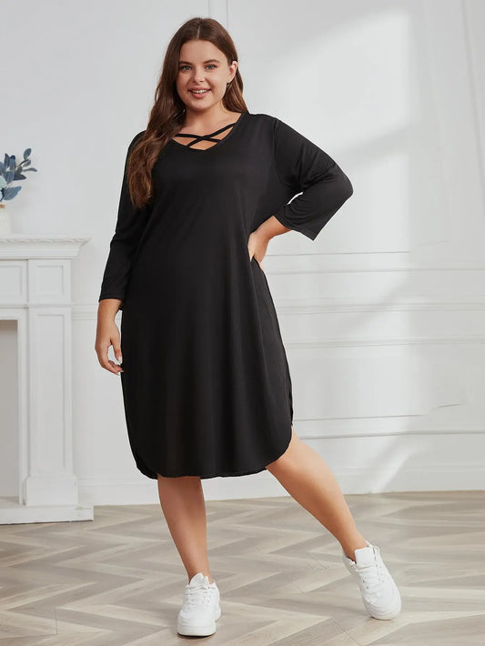 Plus Size Women's Dress Solid Color Three-Quarter Sleeve Casual Dresses Cross V Neck Side Split Robe Summer Female Clothing