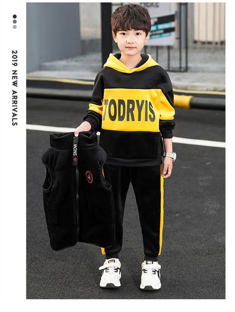Boys Double-sided Velvet Sets Children Fashion Hooded Suit Kids Autumn Winter Jackets+Pants 2Pcs Outfits Teenager Casual Clothes