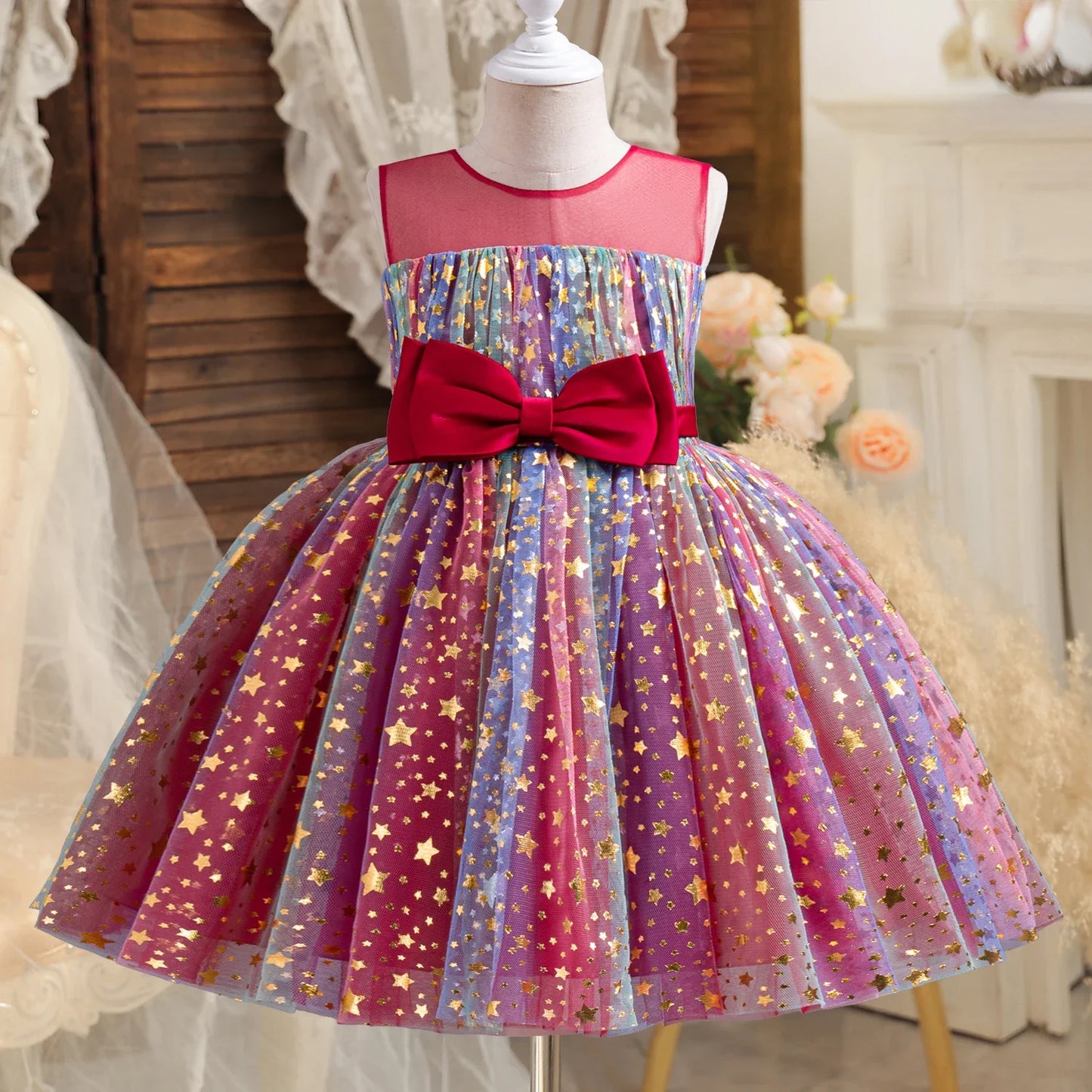 Girls Christmas Dress Princess Rainbow Sequin Wedding Birthday Party Gown