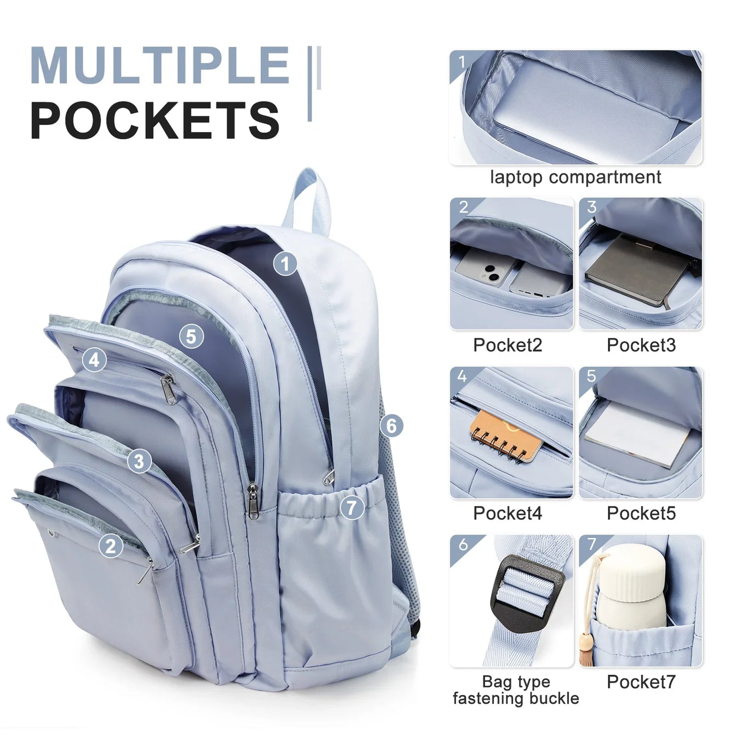 Casual Nylon Backpack, Backpack for Women, Multi-Pocket Design in Light Blue Durable for School, High School and College Bookbag