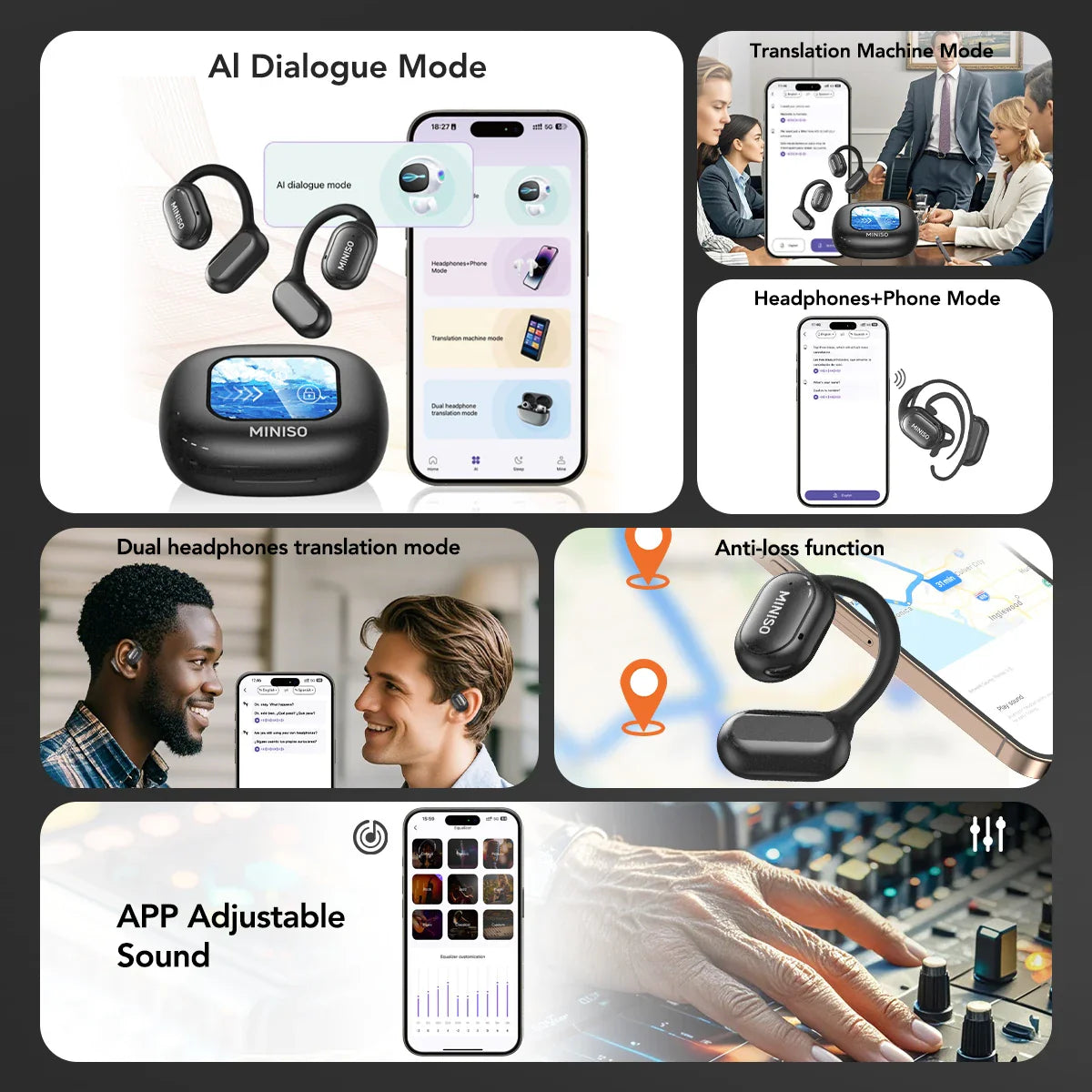 MINISO X30 Wireless Headphones Bluetooth Translation Earbuds Chat Headset Office Travel,real-time Translate Equalizer APP