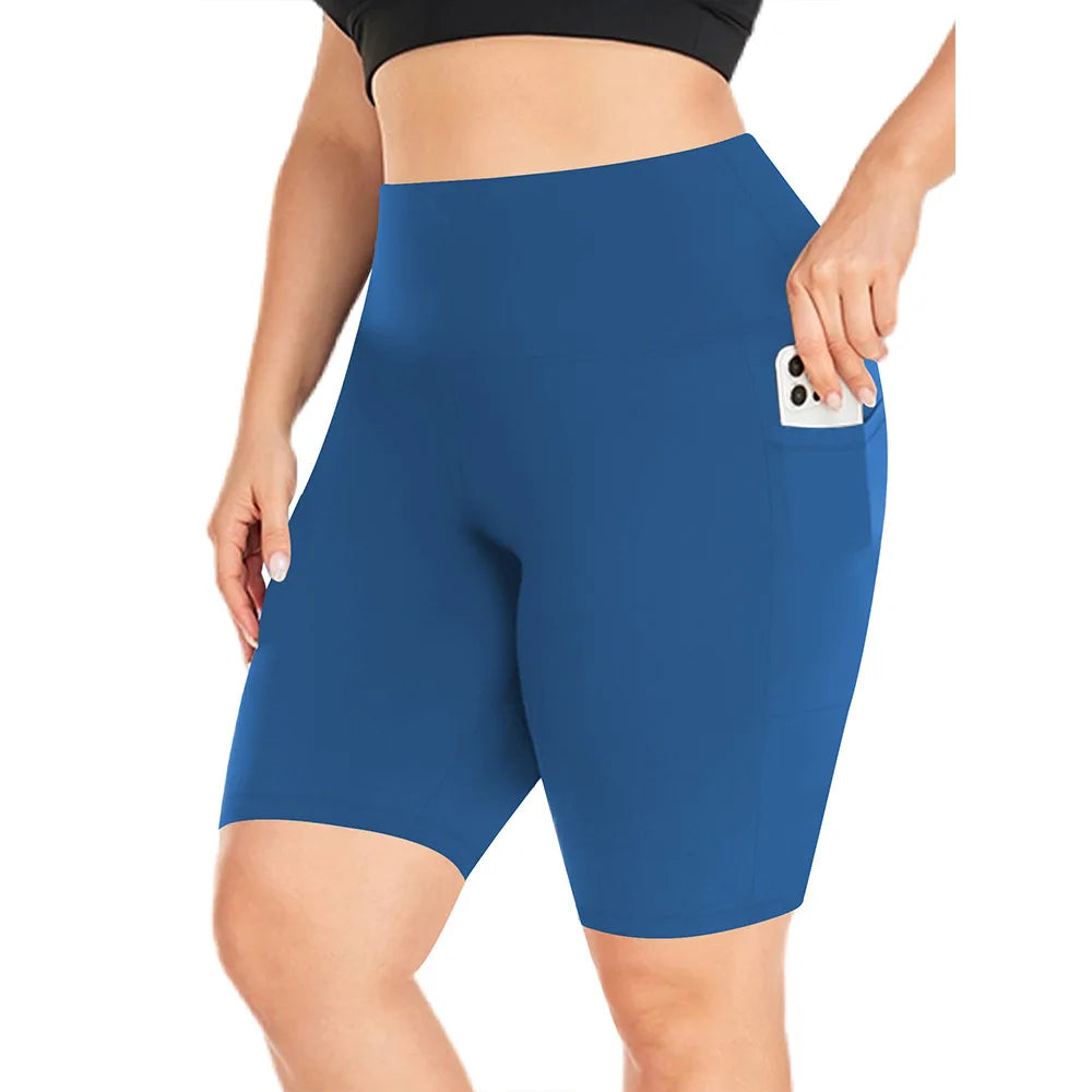 Women's High-Waisted Yoga Shorts Plus Size Workout Leggings with Dual Pockets Stretch European Style Activewear for Gym & Casual