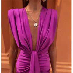 Women Elegant Solid Pleated Slim Sleeveless Midi Dress Deep V Neck High