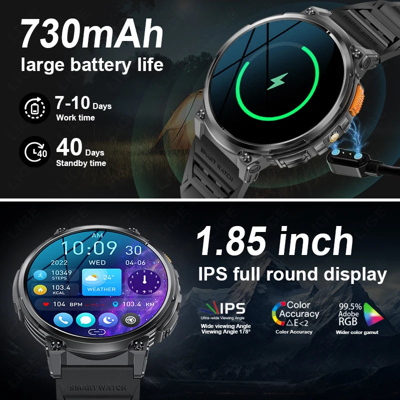 LIGE 1.85” HD Screen LED Flashlight Smart Watch Men 730mAh Large Battery BT Call Man Bracelet Waterproof Fitness Men Smartwatch