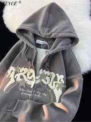 Embroidered Letter Hoodies Women Loose Long Sleeve Zip Up Hooded Sweatshirts Coats