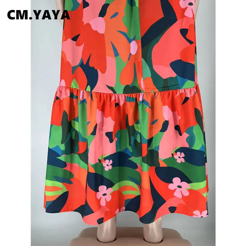 CM.YAYA Women Plus Size Autumn  Spaghetti Strap Ruffles Hem Loose Maxi Long Floral Leaf Print Dresses Fashion Party Slim Dress