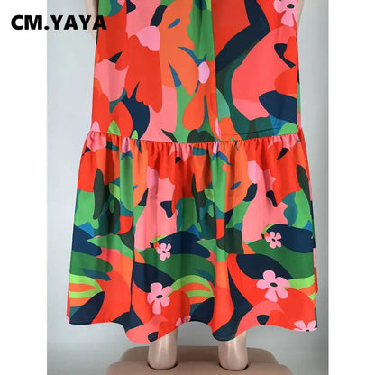 CM.YAYA Women Plus Size Autumn  Spaghetti Strap Ruffles Hem Loose Maxi Long Floral Leaf Print Dresses Fashion Party Slim Dress