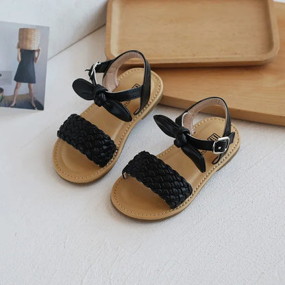Girl Sandals Bowtie Braided Soft 21-30 Inafnt Children Sliders Bohemia Style Classic Fashion Open Toe Non-slip Kids Flats