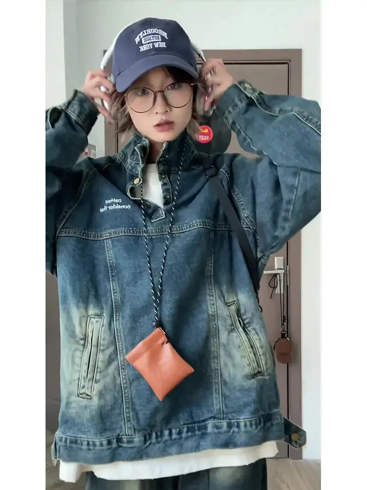 Vintage Street Denim Sweatshirt Men Women Distressed High Neck Loose Denim Jacket