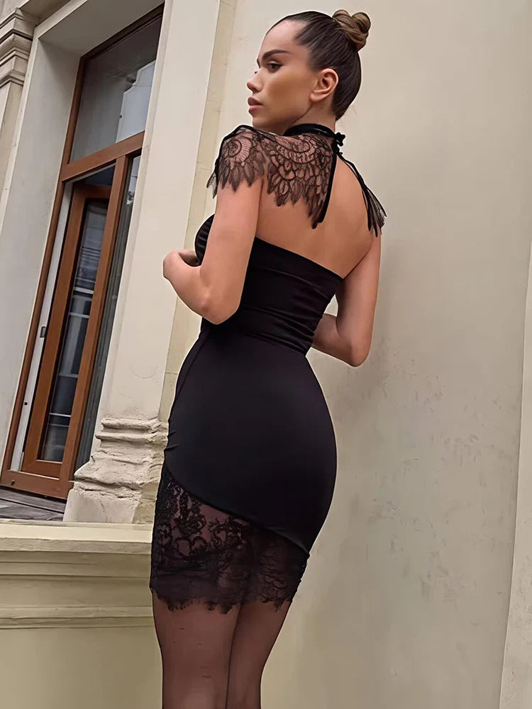 Mozision Lace Backless Sexy Mini Dress Women Gown Elegant See Through Turtleneck Sleeveless Bodycon Club Party Dresses Female