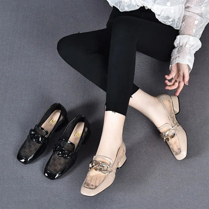 Shoes for Women 2024 Normal Leather Casual Ladies Summer Footwear Low Heel Elegant Loafers Transparent Square Toe Clear Chic 39