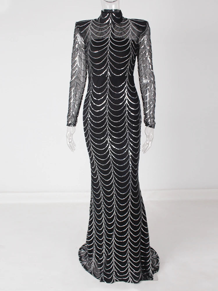 Evening wear Dresses:  Formal Gown Padded Shoulder Full Length Dress