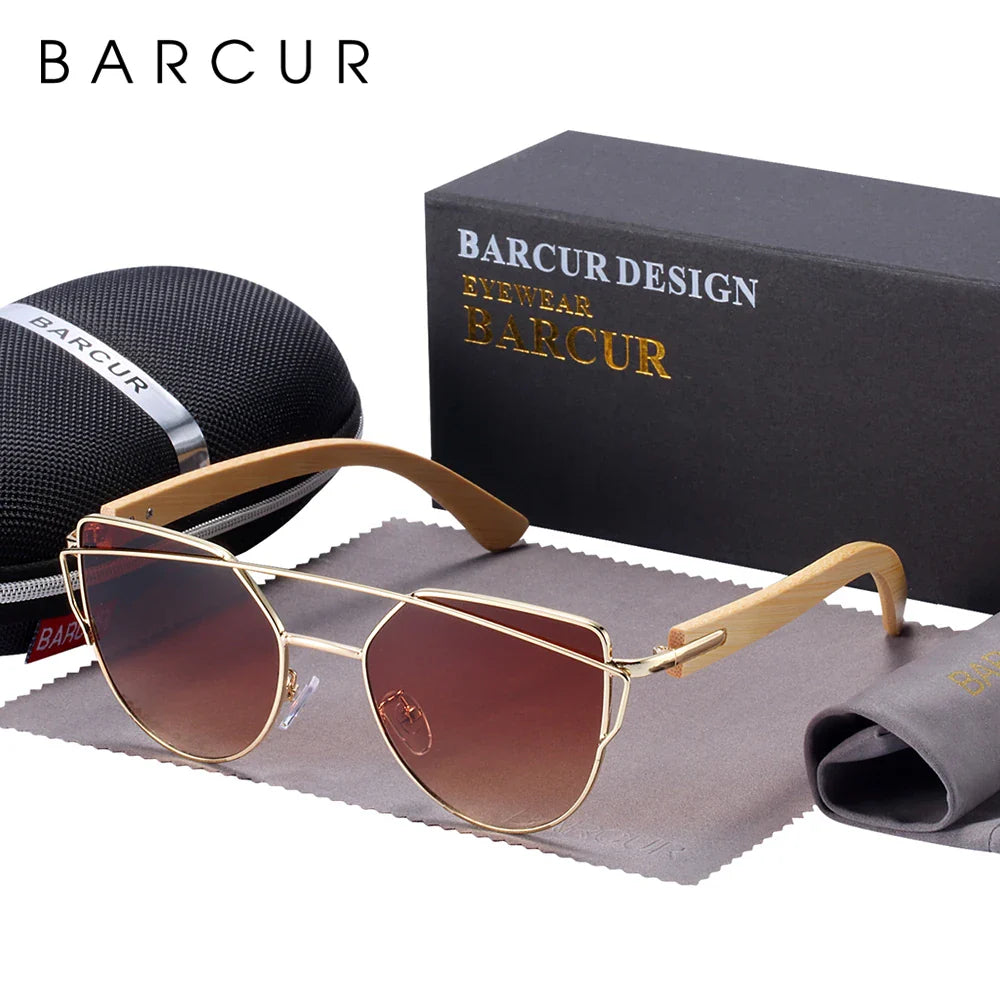 BARCUR Polarized Sunglasses Wood Cat Eye Women Sun Glasses Cat Eye Lady Luxury Fashion Sun Shades With Box Free Eyewear