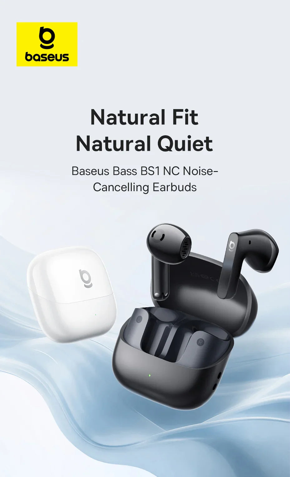 Baseus Bass BS1 NC -40dB Realtime Adaptive ANC Wireless Earbuds Bluetooth 6.0 Semi-Open Earphones LDAC Hi-Res Audio 6-Mic AI ENC
